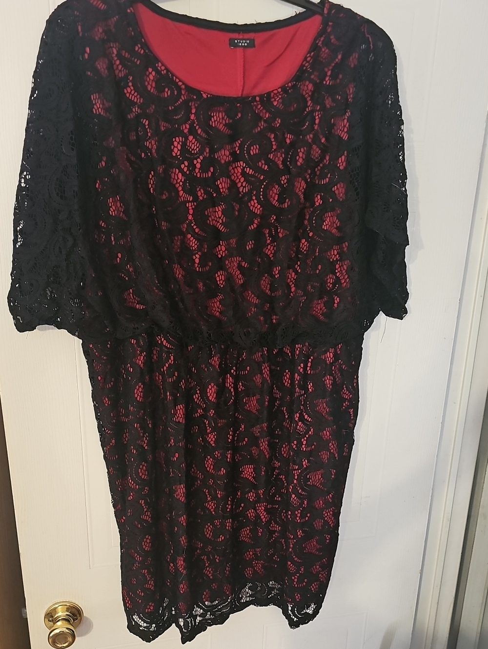 Studio Black Lace Midi Dress with Red Underlay